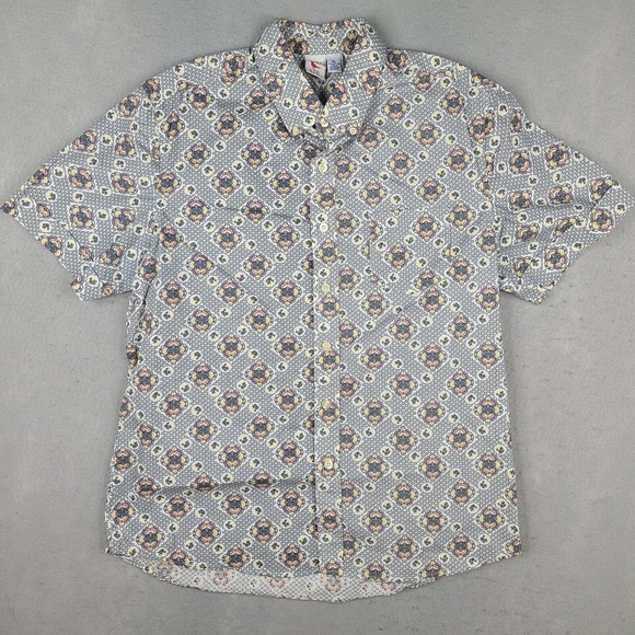 Ken LTD Shirt Men's XL White Blue Geometric Button‎ Down Short Sleeve - Picture 1 of 11